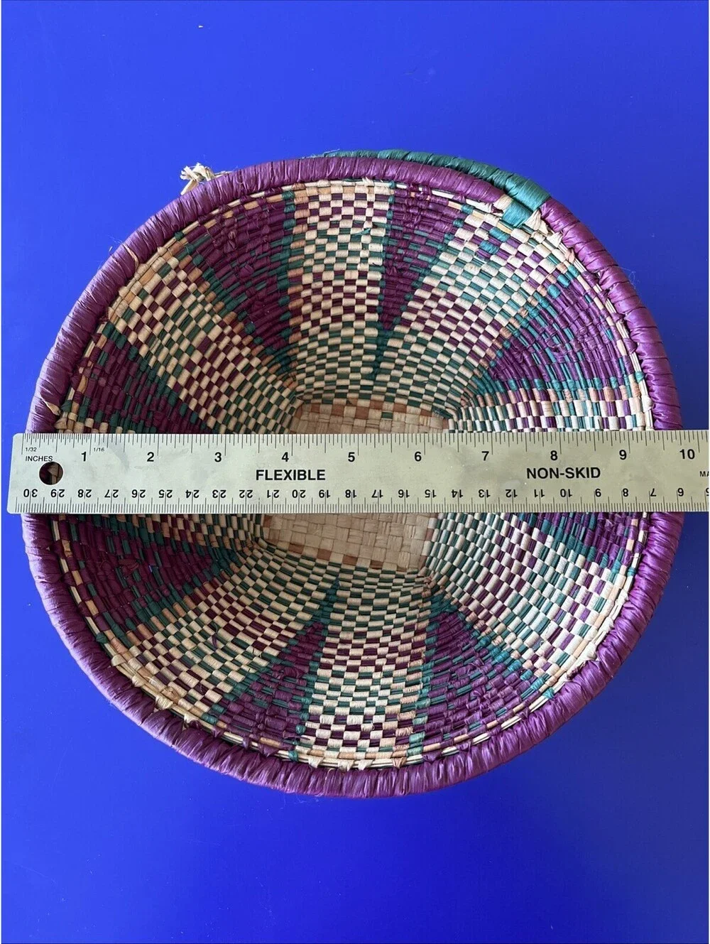 Handwoven Hanging Basket Purple Green Straw Tan 10’’ Bowl BOHO Decoration